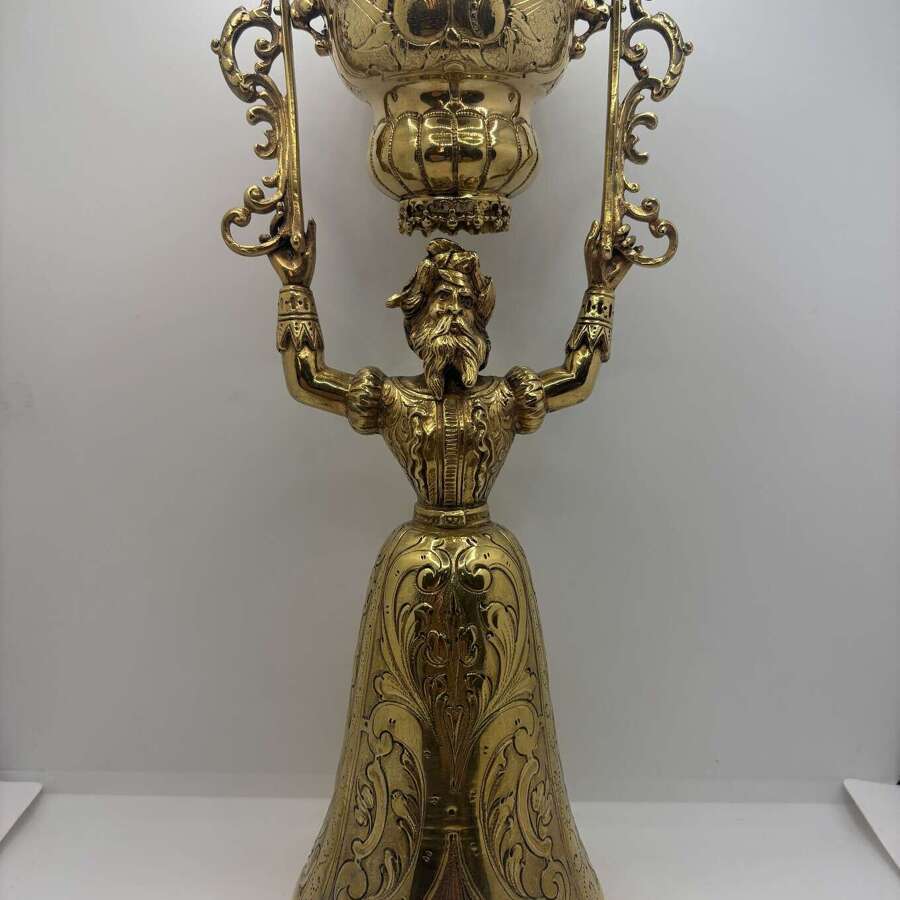 Dutch silver gilt wager cup in the form of a man, imported by Edward Thompson Bryant, 1896