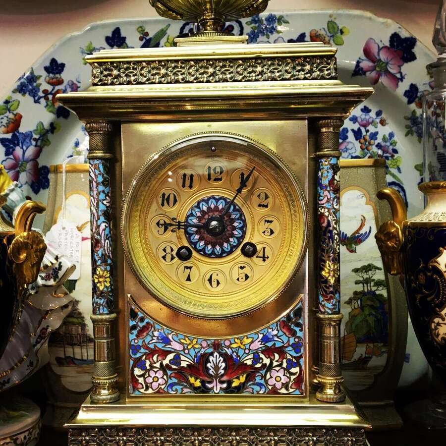 A French brass champleve striking mantle clock, circa 1875.