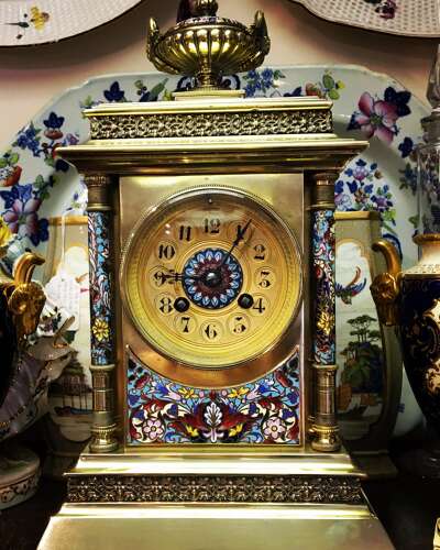 A French brass champleve striking mantle clock, circa 1875.