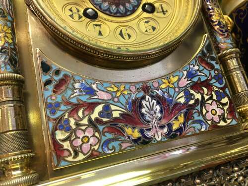 A French brass champleve striking mantle clock, circa 1875.
