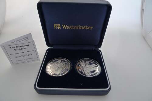 A silver proof pair of Gibraltar £5 coins of the Diamond Wedding.