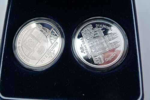 A silver proof pair of Gibraltar £5 coins of the Diamond Wedding.