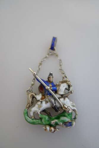Austro-Hungarian silver and enamel pendant of St. George slaying the dragon.