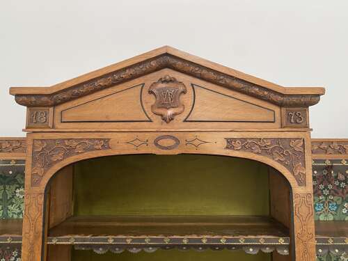 Large carved Victorian oak library bookcase, 1873.