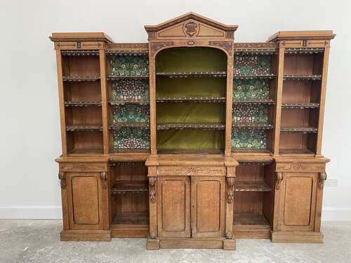 Large carved Victorian oak library bookcase, 1873.