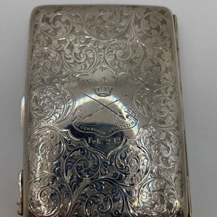 Silver cigarette case with inscription. Birmingham 1909