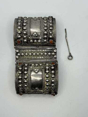 Ottoman silver and coral cuff, circa 1880. Bedouin or West Yemen. 4.54 ozt.